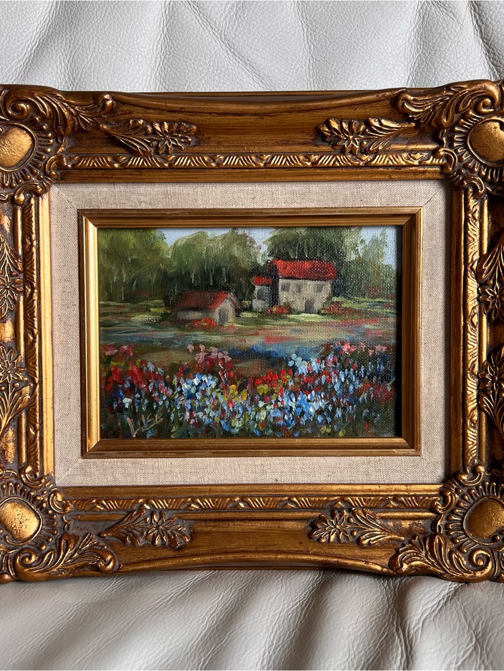 Original Impressionist Oil Painting Cottage Landscape Gold Antique Frame